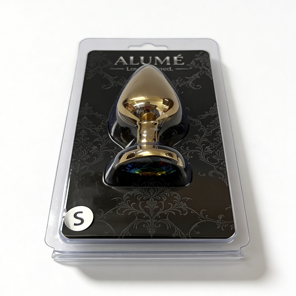 Анальні іграшки без вібрації - Анальна пробка ALUME, S, металева золотиста з різнокольоровим каменем у формі серця, 7 х 2,8 см 5