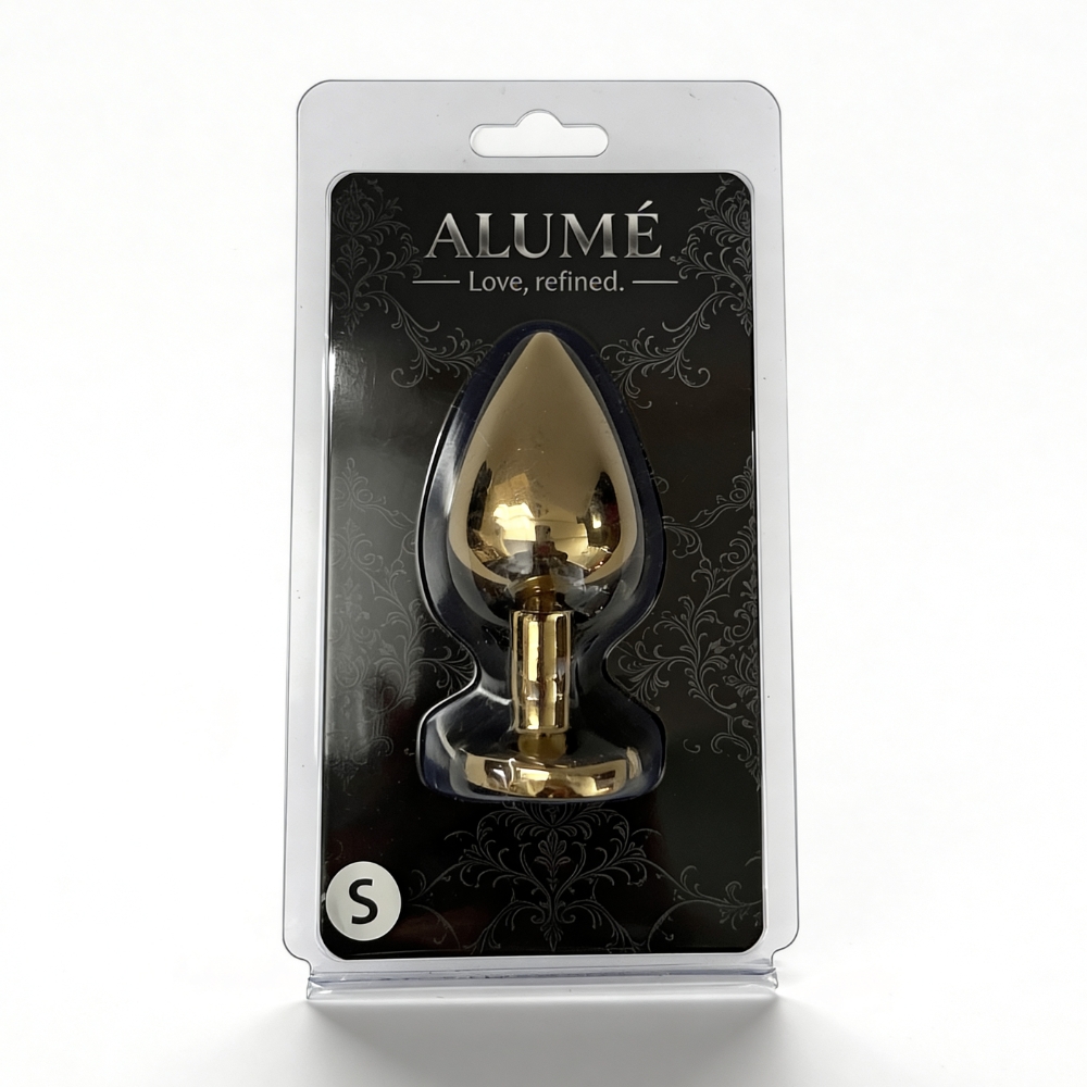 Анальні іграшки без вібрації - Анальна пробка ALUME, S, металева золотиста з різнокольоровим каменем у формі серця, 7 х 2,8 см 1