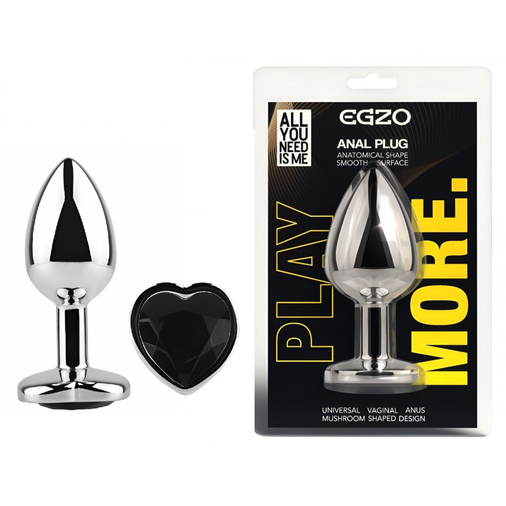 Анальные игрушки без вибрации - Анальная пробка с кристаллом EGZO - Silver Heart Plug Black size S