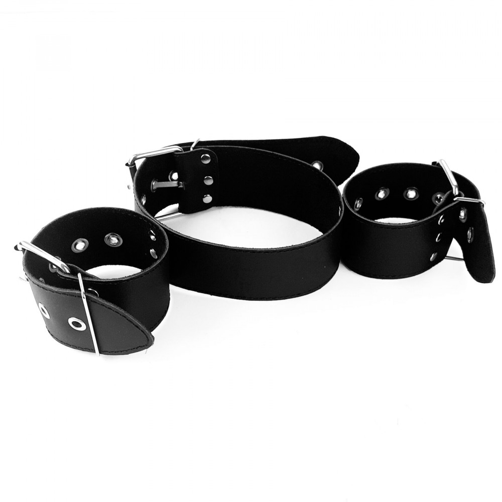 Ошейники, поводки - Ошейник с наручниками из натуральной кожи Art of Sex - Bondage Collar with Handcuffs 3