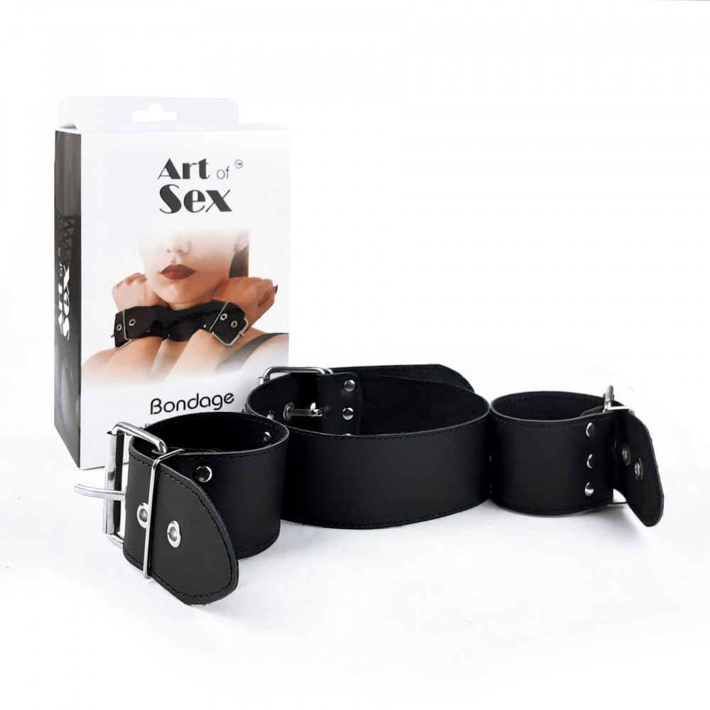 Ошейники, поводки - Ошейник с наручниками из натуральной кожи Art of Sex - Bondage Collar with Handcuffs