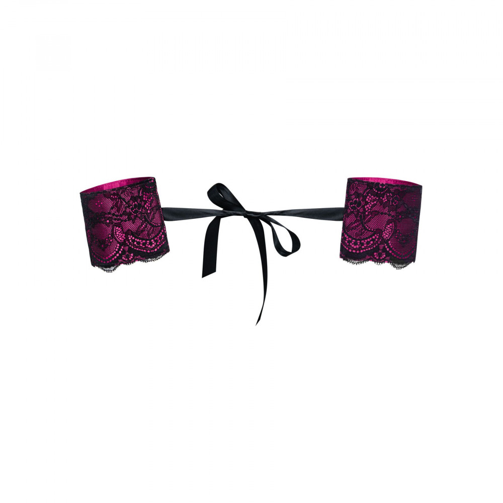Наручники, веревки, бондажы, поножи - Атласные наручники-манжеты на лентах Obsessive Roseberry cuffs, pink, украшена кружевом