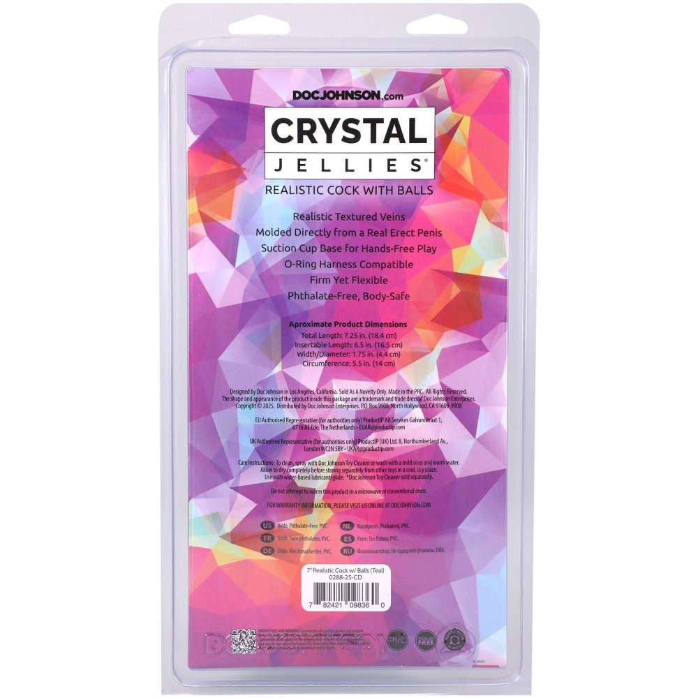 Фалоімітатор - Фалоімітатор Doc Johnson Crystal Jellies - 7 Inch Realistic Cock with Balls - Teal 4