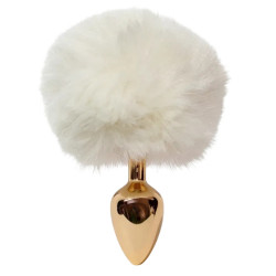 Анальная пробка ALUME, S, металлическая золотистая с белым пушком, 7 х 2,8 см