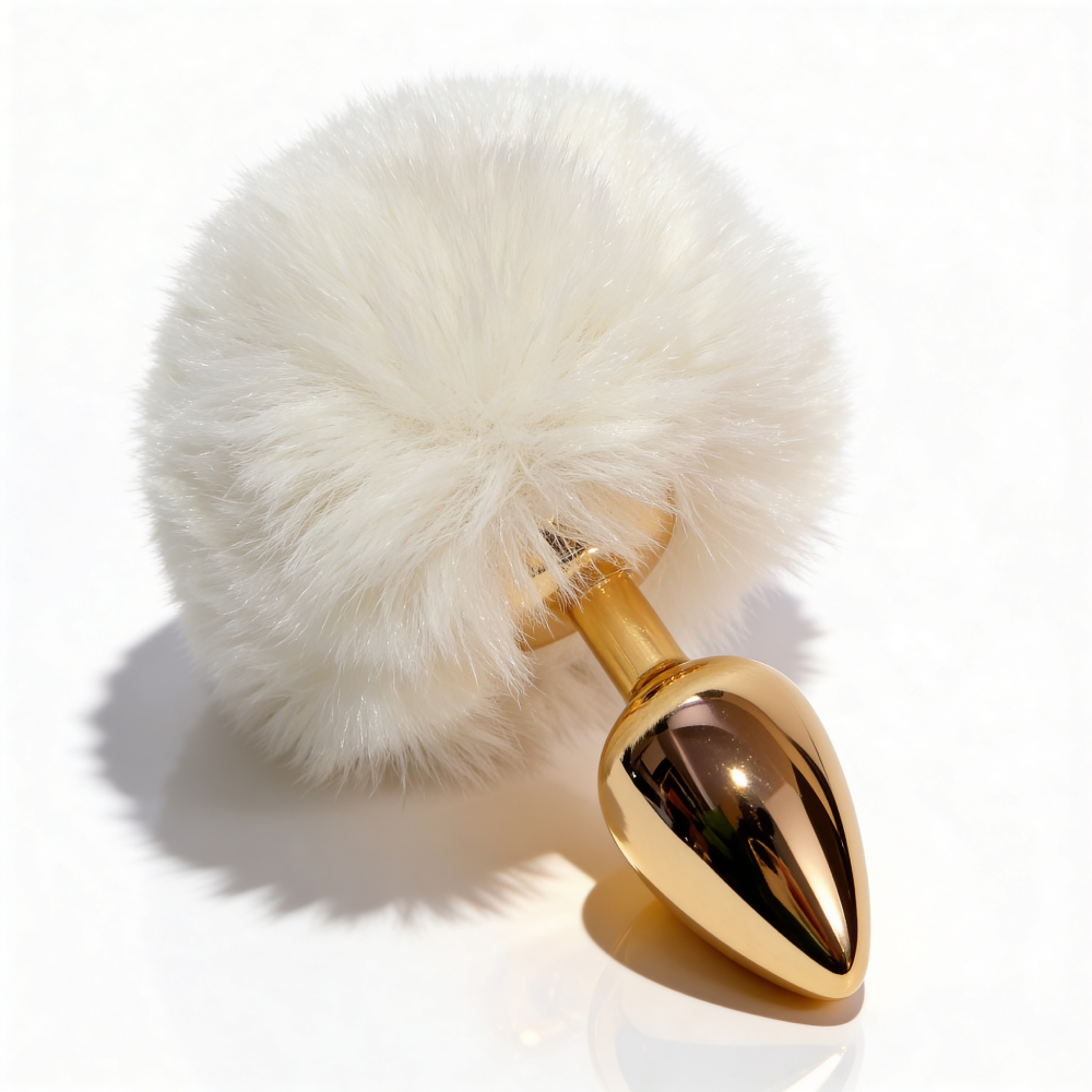 Анальные игрушки без вибрации - Анальная пробка ALUME, S, металлическая золотистая с белым пушком, 7 х 2,8 см 2