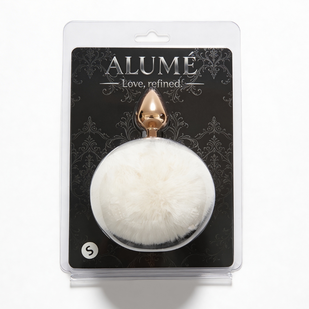 Анальные игрушки без вибрации - Анальная пробка ALUME, S, металлическая золотистая с белым пушком, 7 х 2,8 см 1