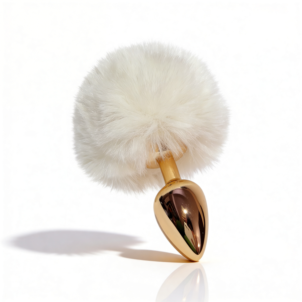 Анальные игрушки без вибрации - Анальная пробка ALUME, S, металлическая золотистая с белым пушком, 7 х 2,8 см 5