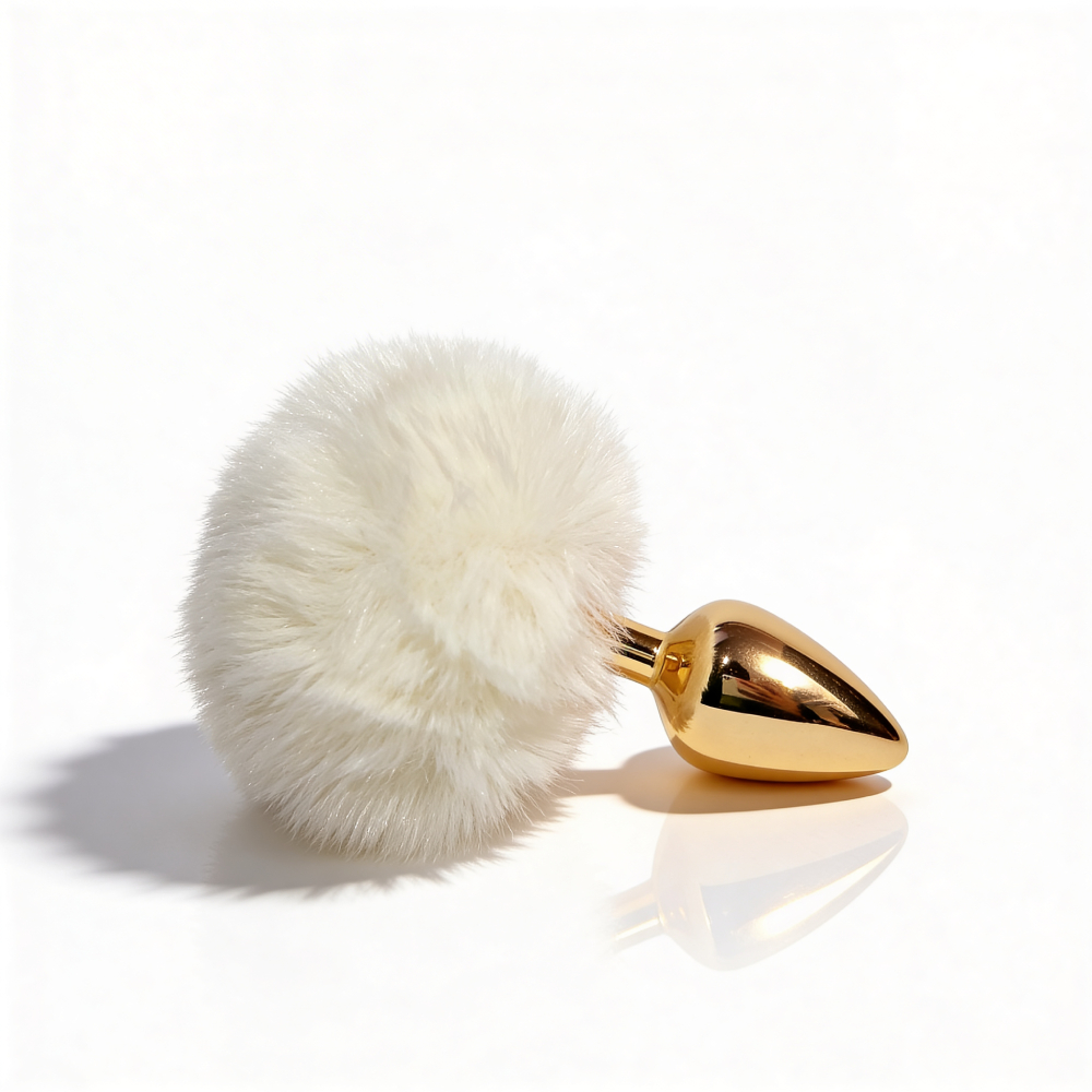 Анальные игрушки без вибрации - Анальная пробка ALUME, S, металлическая золотистая с белым пушком, 7 х 2,8 см 4