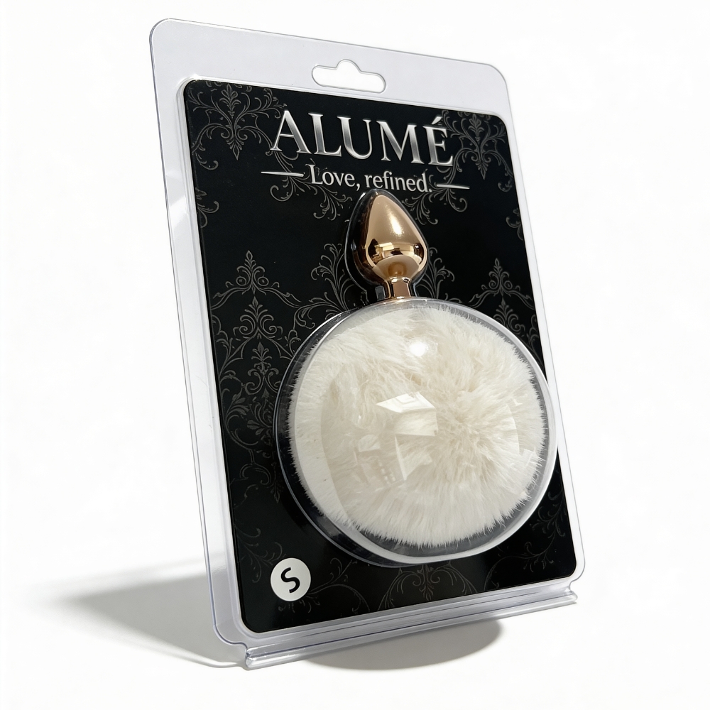 Анальные игрушки без вибрации - Анальная пробка ALUME, S, металлическая золотистая с белым пушком, 7 х 2,8 см 6