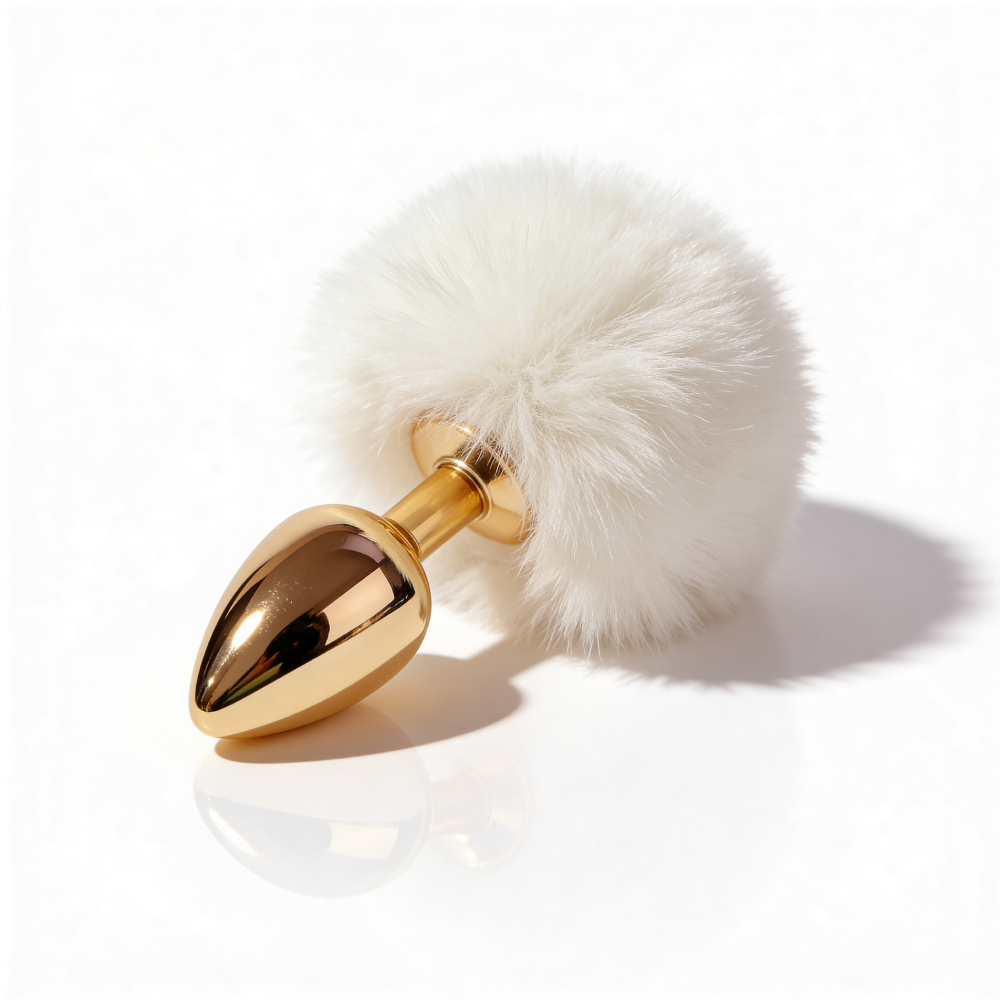 Анальные игрушки без вибрации - Анальная пробка ALUME, S, металлическая золотистая с белым пушком, 7 х 2,8 см 3