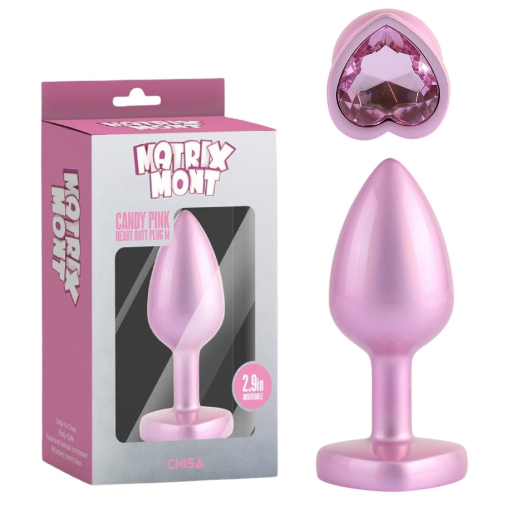Анальные игрушки без вибрации - Анальная пробка розовая CHISA MATRIX MONT с перламутром и розовым камнем в форме сердца, размер M