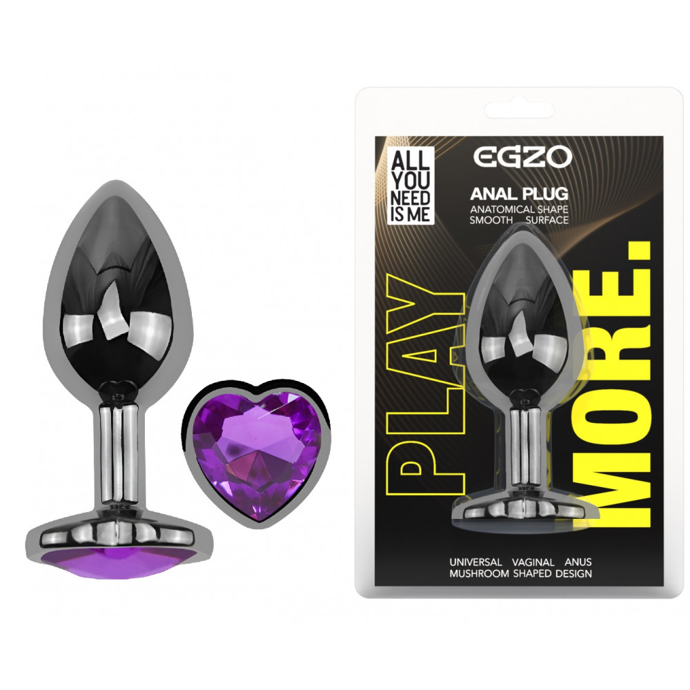 - Анальная пробка с кристаллом EGZO - Dark Silver Heart Plug Purple size M