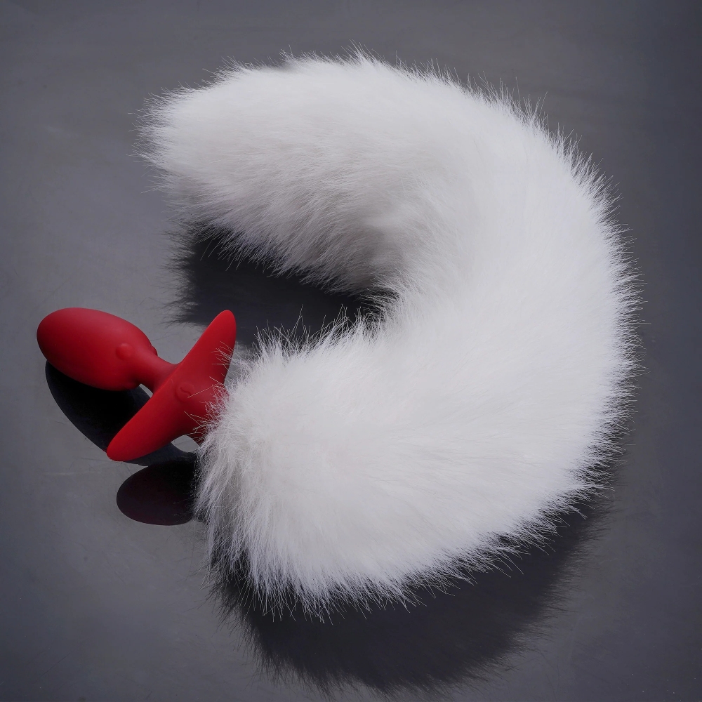 Анальные игрушки без вибрации - Анальная вибропробка с ротацией и пультом UPKO с белым натуральным лисьим хвостом, красная