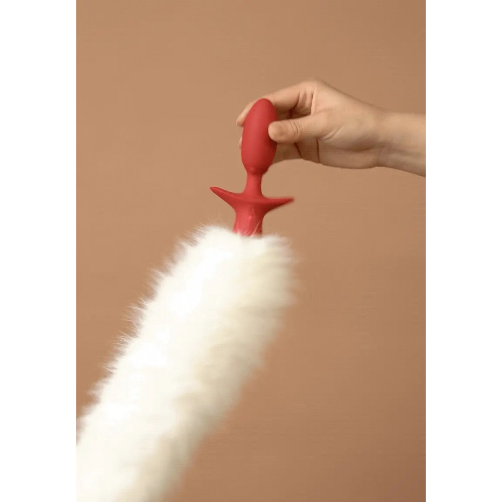 Анальные игрушки без вибрации - Анальная вибропробка с ротацией и пультом UPKO с белым натуральным лисьим хвостом, красная 5