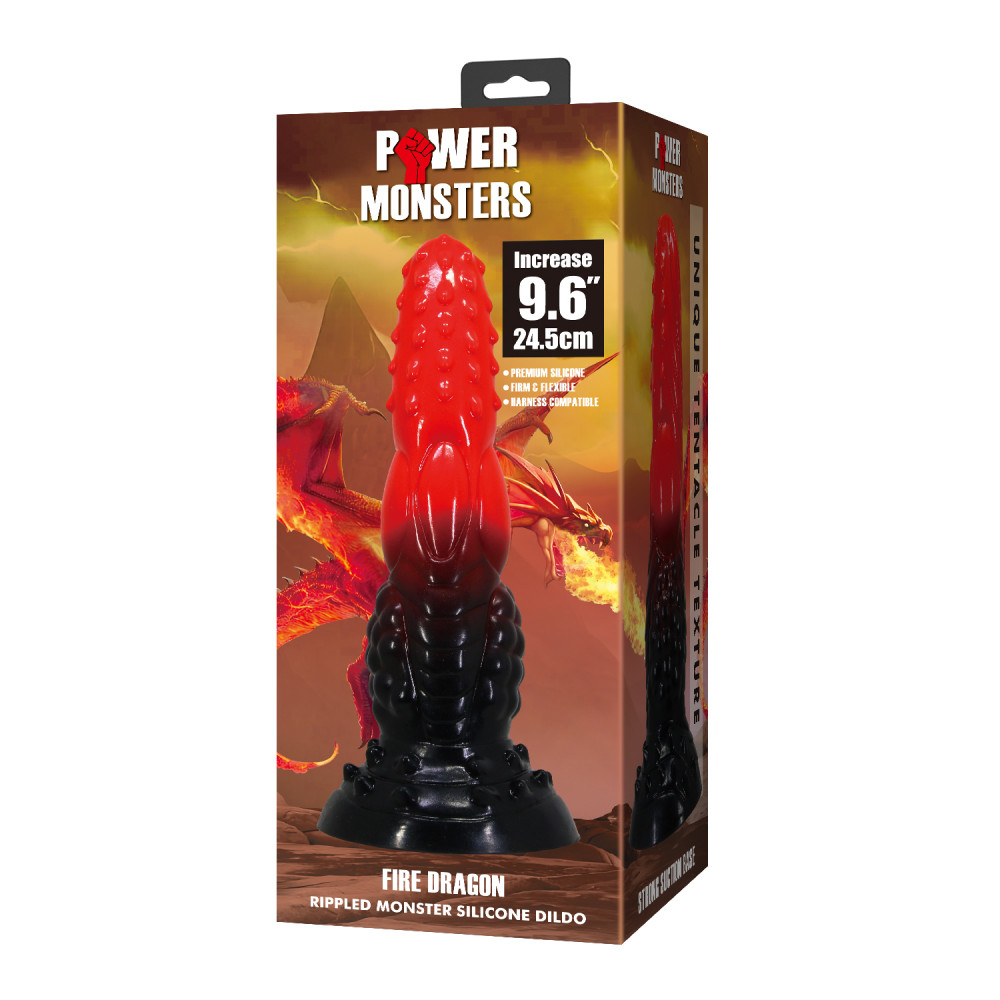 Фаллоимитаторы - Фаллоимитатор силиконовый Power Monsters Fire Dragon на присоске, черно-красный, 5.5 см х 24.5 см 7