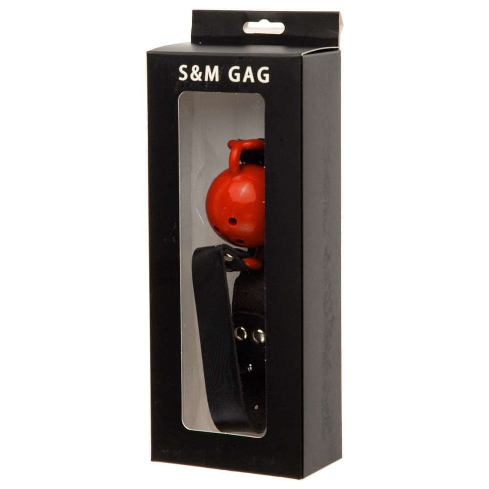 БДСМ игрушки - Кляп с красным шариком, латекс, черный ремень 1