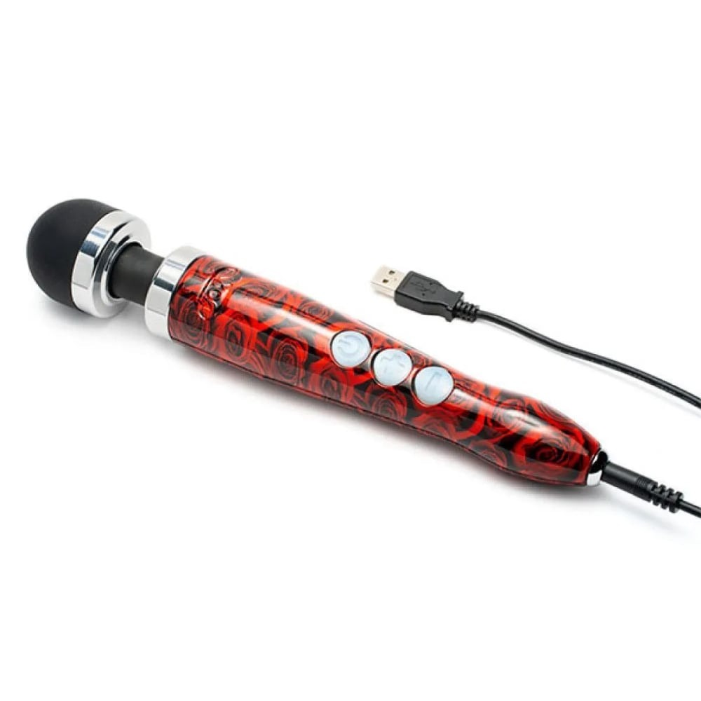 Секс игрушки - Массажер-микрофон Doxy Die Cast 3R Wand Vibrator Rose Pattern, с розами, красный USB 7