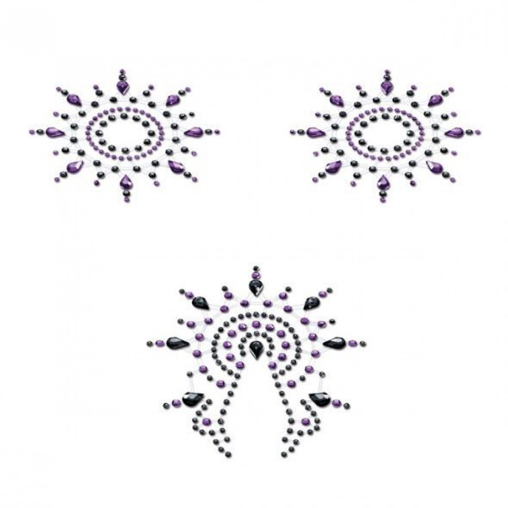 Интимные украшения - Пэстис из кристаллов Petits Joujoux Gloria set of 3 - Black/Purple, украшение на грудь и вульву