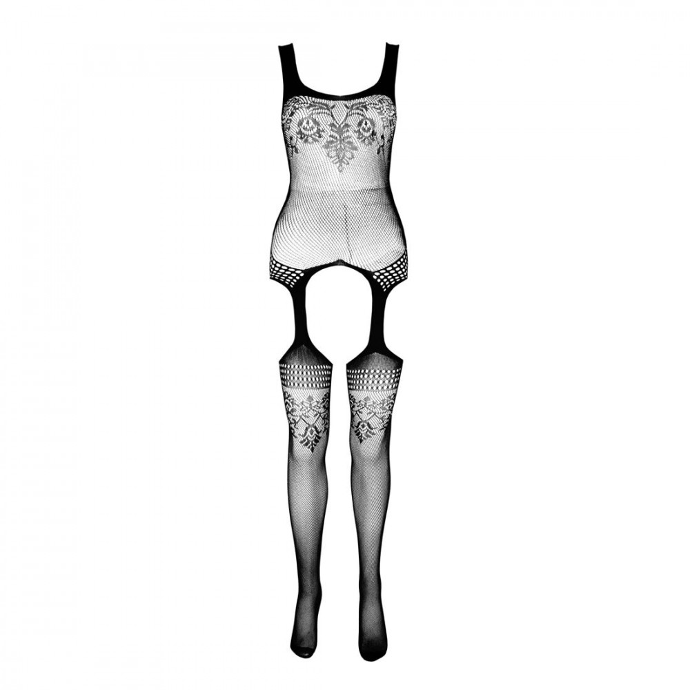 Бодистокинг - Бодистокинг Passion ECO BS008 black, с доступом, флористический декор, имитация подвязок 2