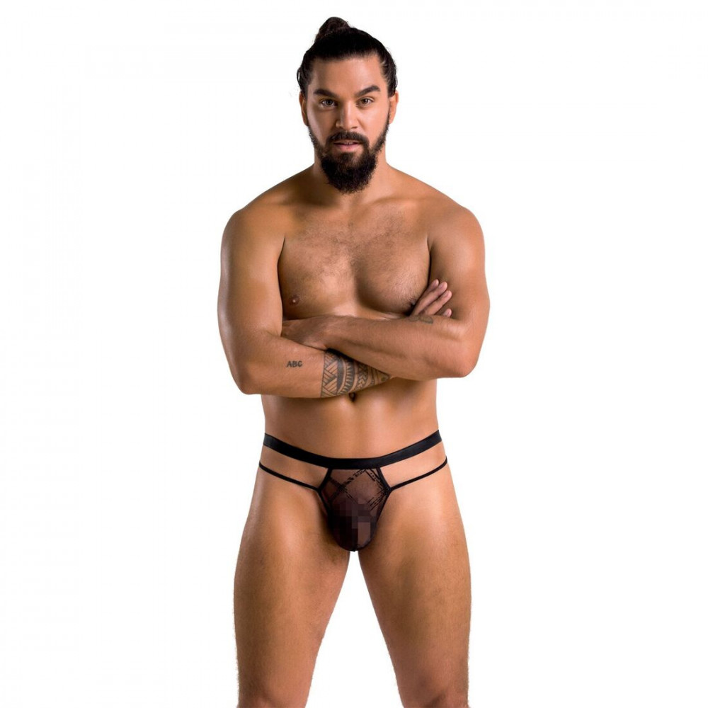 Стринги, трусы и шорты - Мужские прозрачные стринги Passion 029 Thong Collin L/XL Black, сетка 4