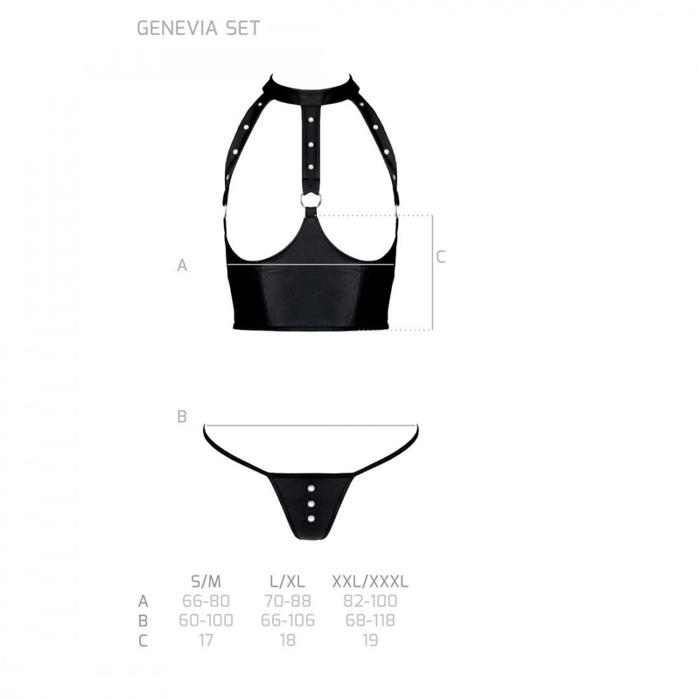 Эротические комплекты - Комплект белья с открытой грудью Passion GENEVIA SET WITH OPEN BRA L/XL black, корсет, стринги 1