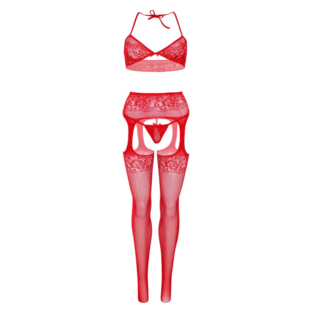 Эротическое белье - Женский комплект нижнего белья со стразами Leg Avenue, 3 предмета, красный O\S 1