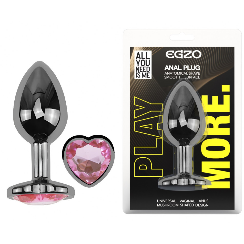  - Анальная пробка с кристаллом EGZO - Dark Silver Heart Plug Pink size M