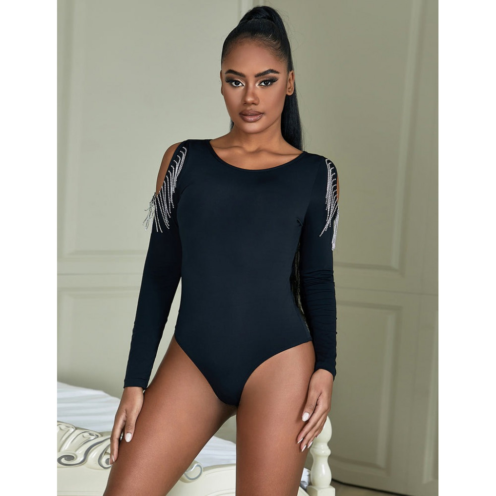 Різне - Чорний боді з довгими рукавами Star Night і пензликами з ланцюжків, L