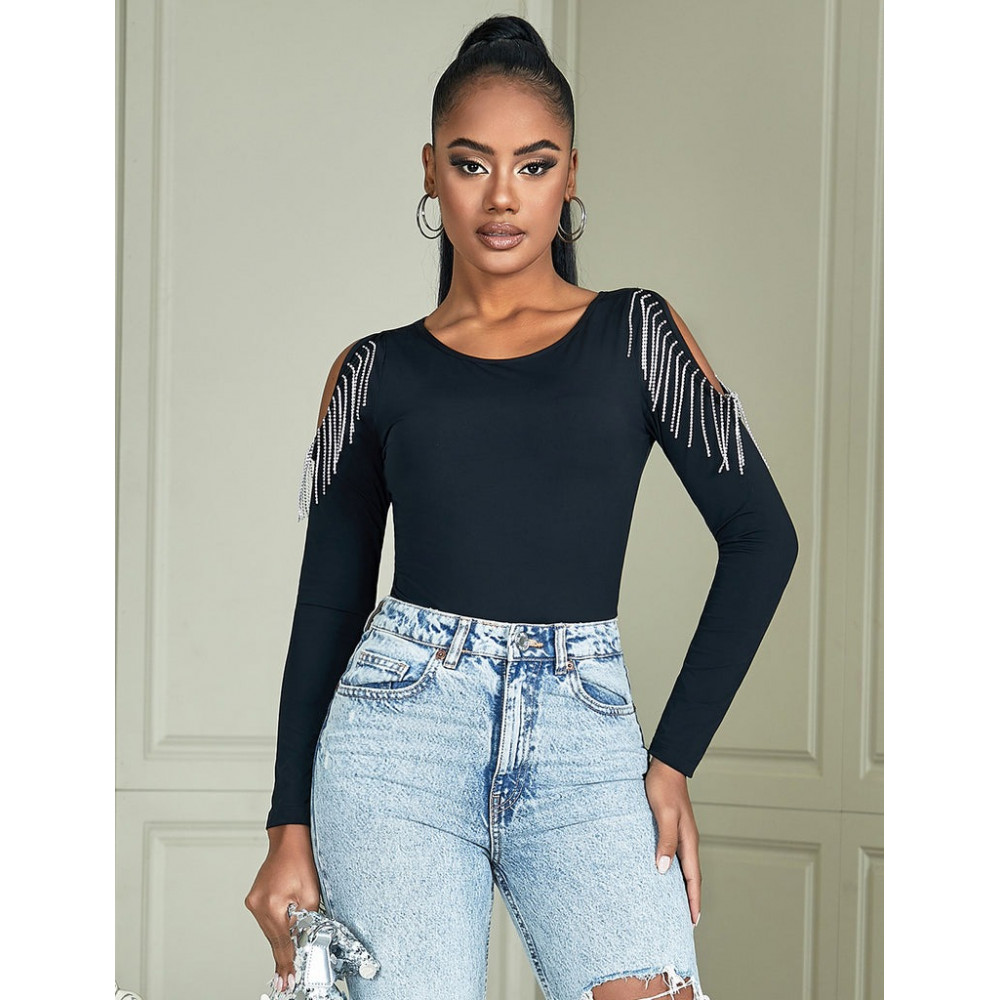 Різне - Чорний боді з довгими рукавами Star Night і пензликами з ланцюжків, L 4