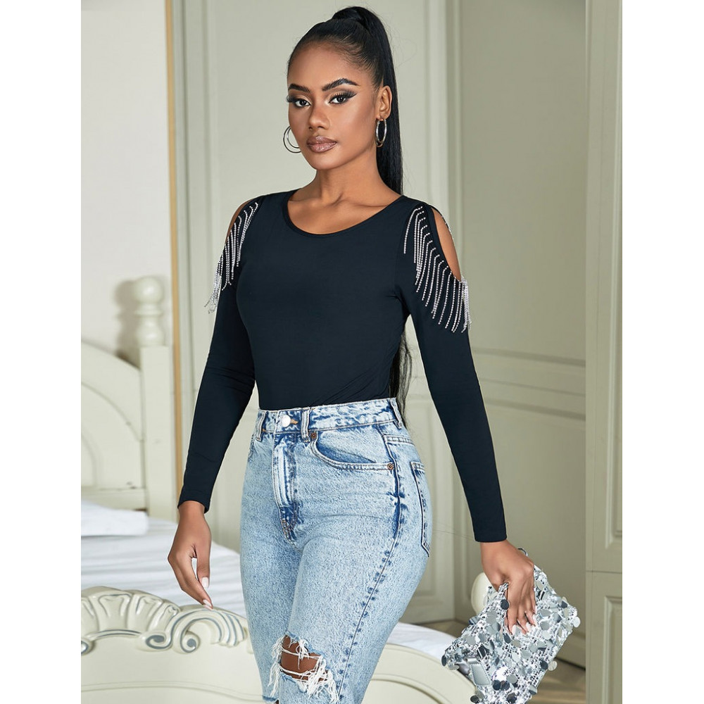 Різне - Чорний боді з довгими рукавами Star Night і пензликами з ланцюжків, L 5