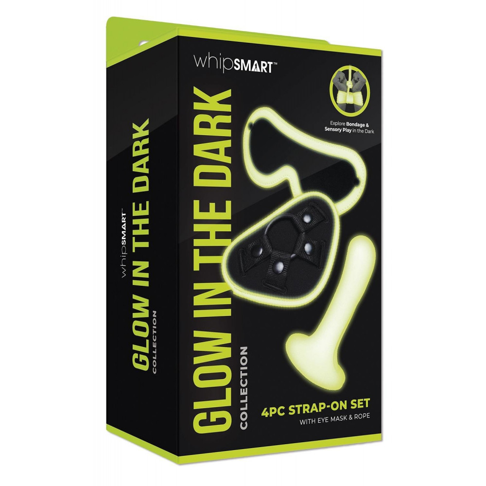 Різне - Набір БДСМ люмінесцентний Whipsmart Glow In The Dark страпон, маска на очі та мотузка 6