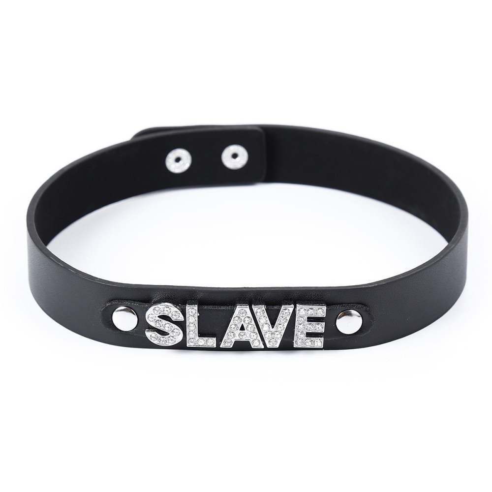  - Ошейник с надписью SLAVE из страз DS Fetish, кожзам, черный