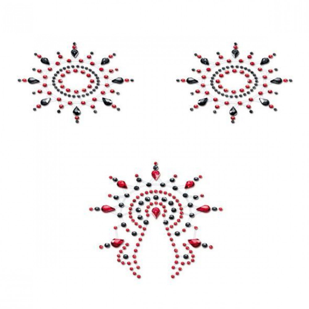 Интимные украшения - Пэстис из кристаллов Petits Joujoux Gloria set of 3 - Black/Red, украшение на грудь и вульву