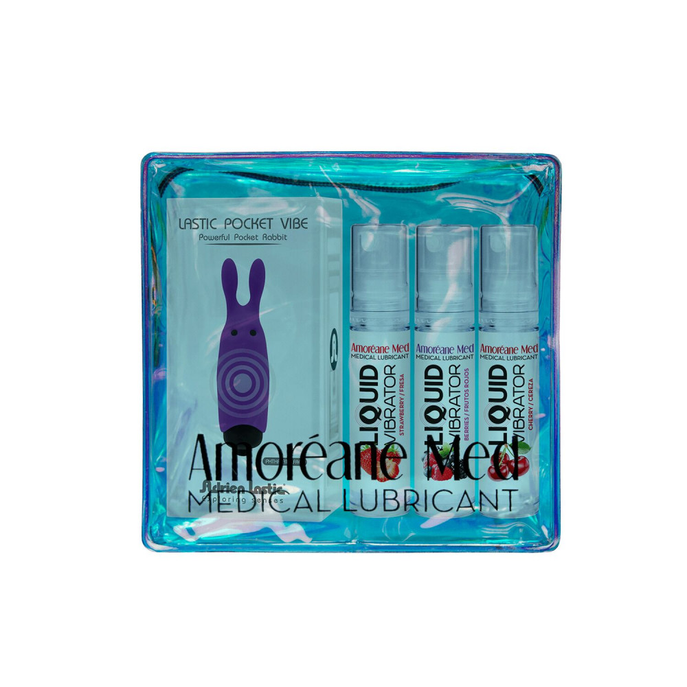Подарочные наборы - Набор из 3-х вкусов стимулирующего лубриканта Amoreane Med (3×10мл) и вибропули Adrien Lastic Purple 1