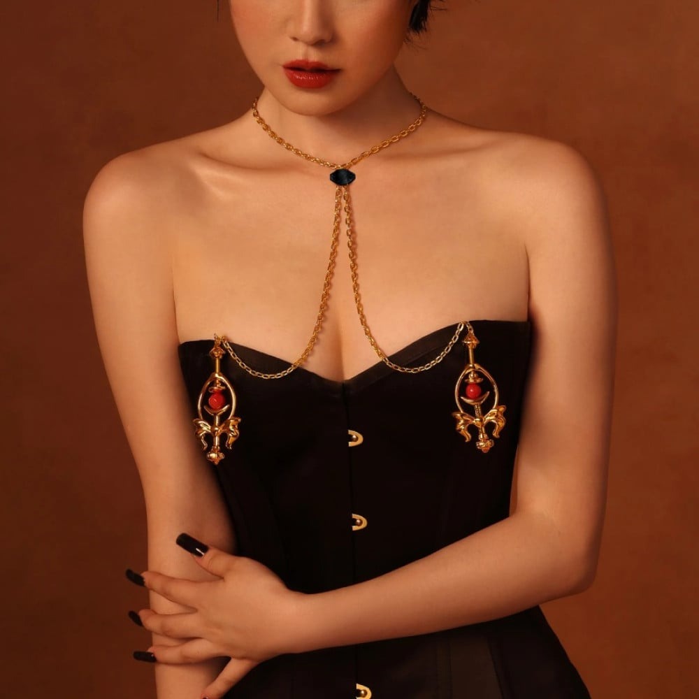 Різне - Затискачі для сосків UPKO Pulling Chain Nipple Clamps з ланцюжком-намиста, золотисті 4