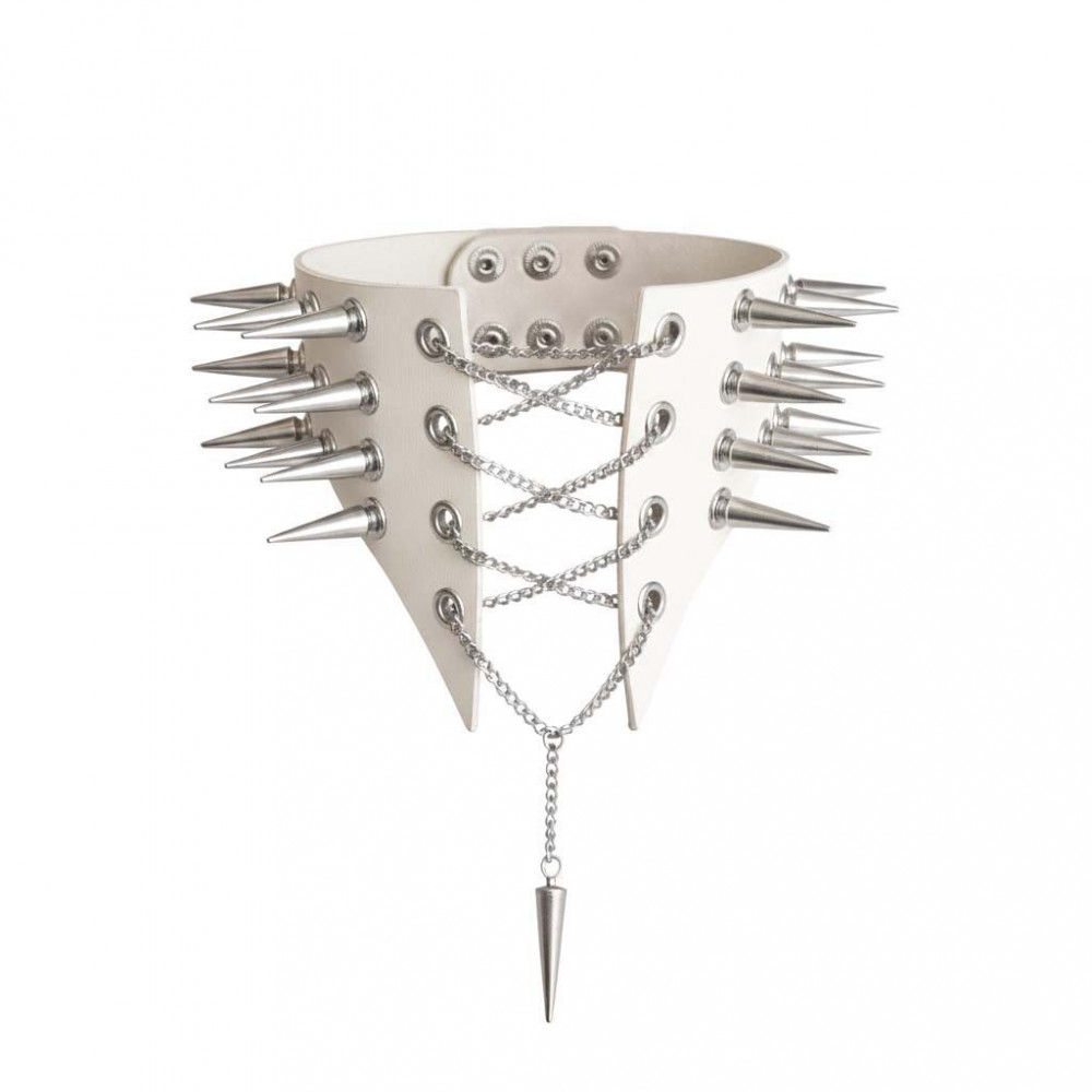  - Чокер комір з шипами Art of Sex - Ariadne, натуральна шкіра, колір білий, L-2XL