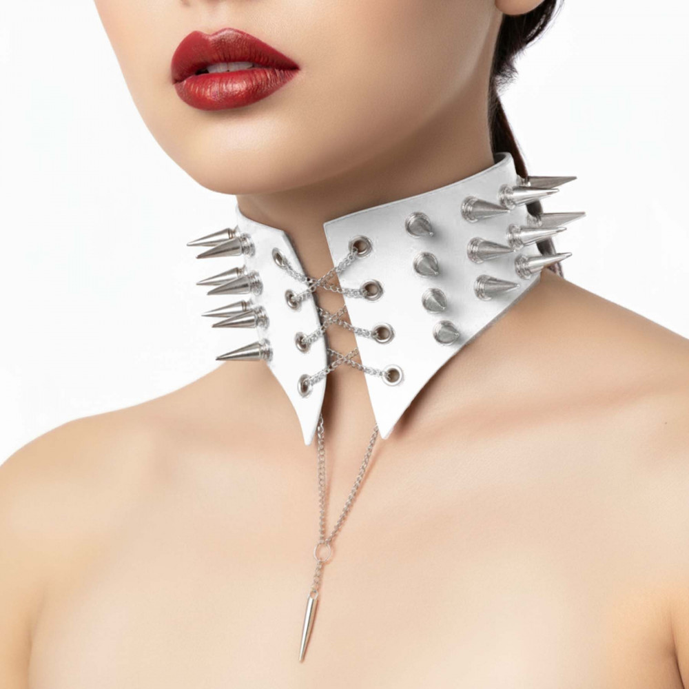  - Чокер комір з шипами Art of Sex - Ariadne, натуральна шкіра, колір білий, L-2XL 1