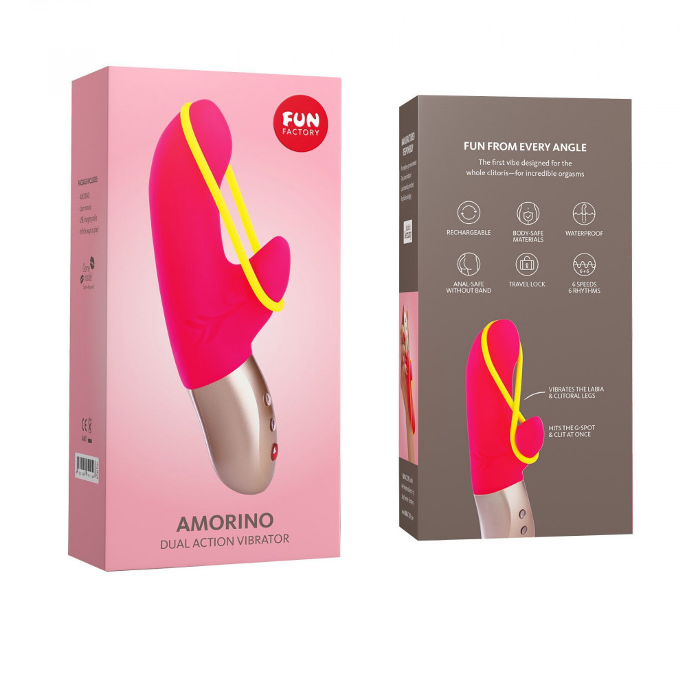 Секс игрушки - Мини вибратор-кролик со стимулирующей лентой Fun Factory AMORINO pink/neon yellow (мятая упаковка!!!) 5