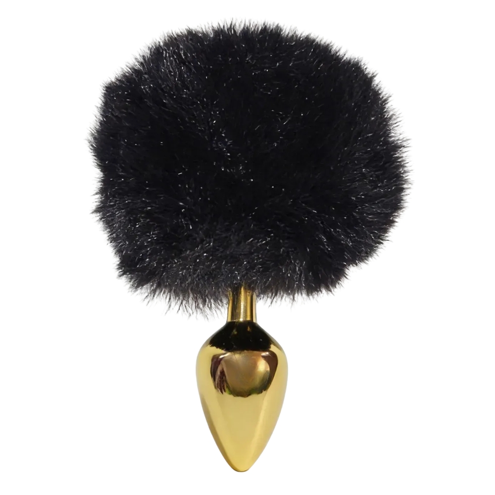 Анальные игрушки без вибрации - Анальная пробка ALUME, S, металлическая золотистая с черным пушком, 7 х 2,8 см