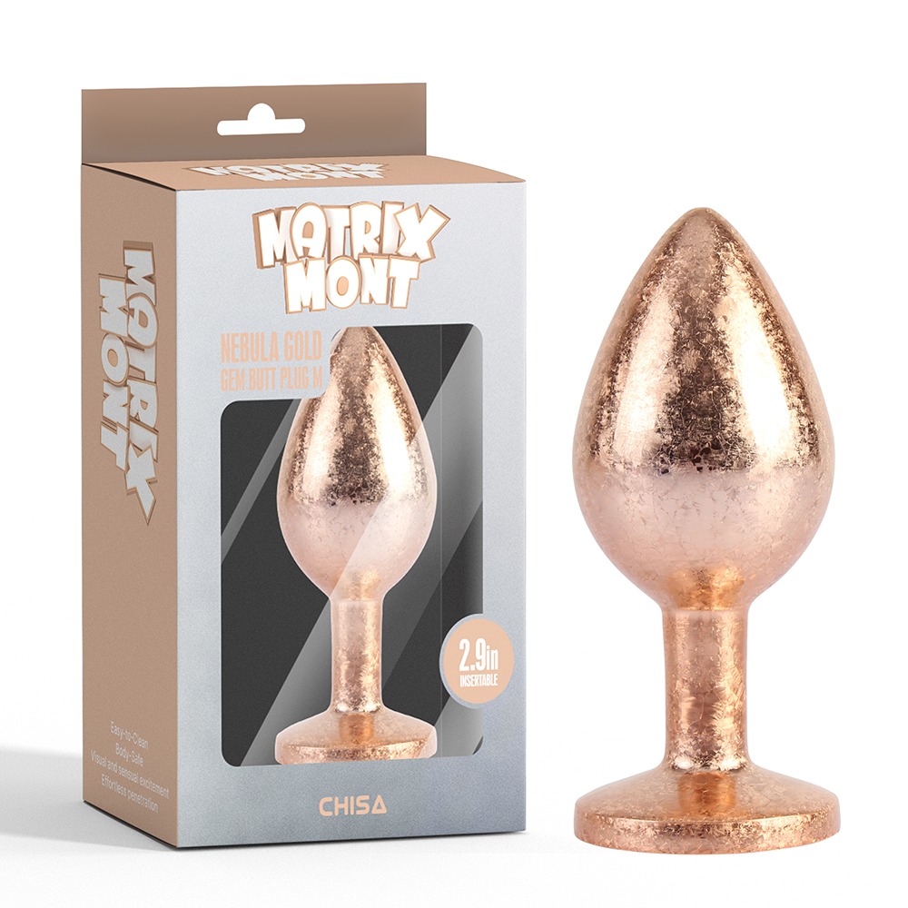Анальные игрушки без вибрации - Анальная пробка золотая поталь CHISA MATRIX MONT с белым камнем, размер M 7