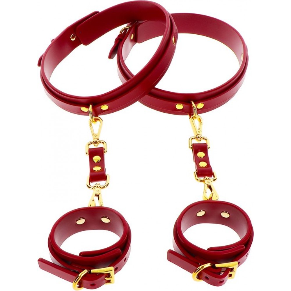 Наручники и ограничения - Фиксаторы на бедра с наручниками и карабинами Taboom, красные, с золотистой фурнитурой 2