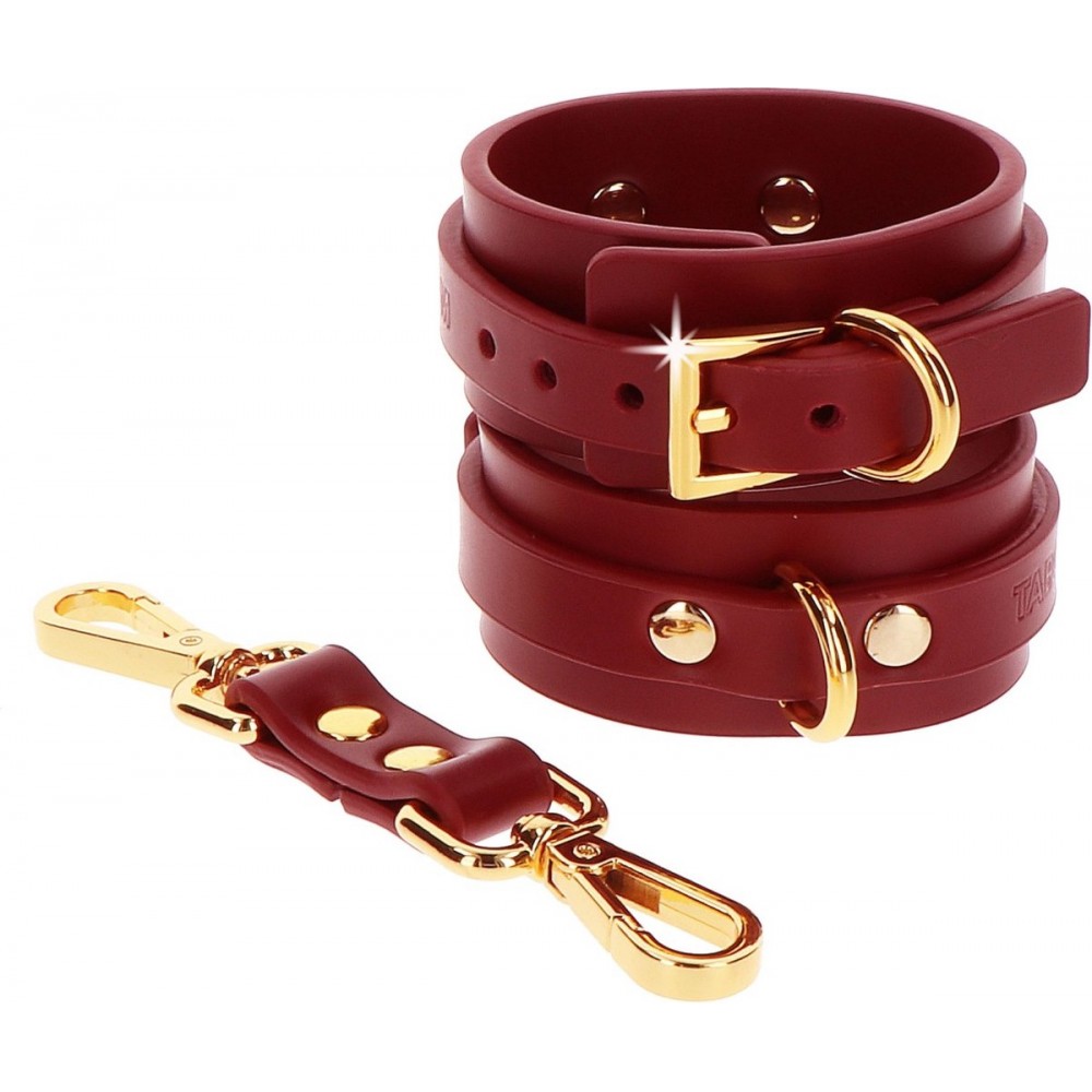 Наручники и ограничения - Фиксаторы на бедра с наручниками и карабинами Taboom, красные, с золотистой фурнитурой 3