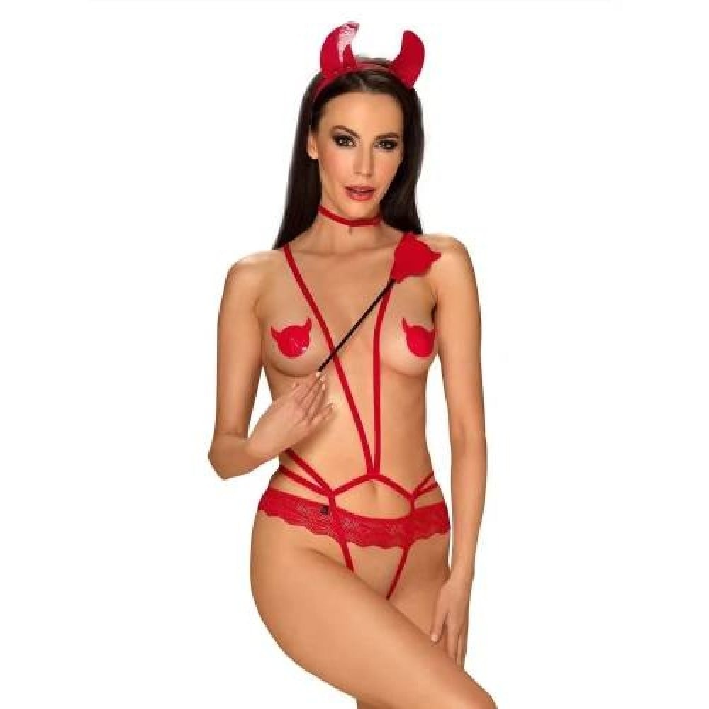 Эротическое белье - Костюм дьяволицы Obsessive Evilia teddy red L/XL 4 предмета