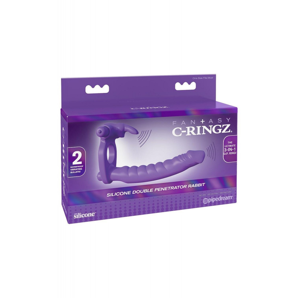 Эрекционные кольца с вибрацией - Насадка на член для двойного проникновения с вибрацией Pipedream, фиолетовая, 19.5 х 2.7 см