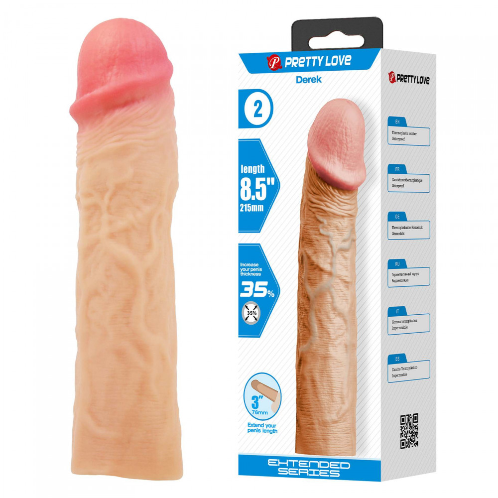 Эрекционные кольца без вибрации - Насадка на член удлиняющая +7.6 см Pretty Love Derek реалистичная, телесная, 21.5 х 4.8 см