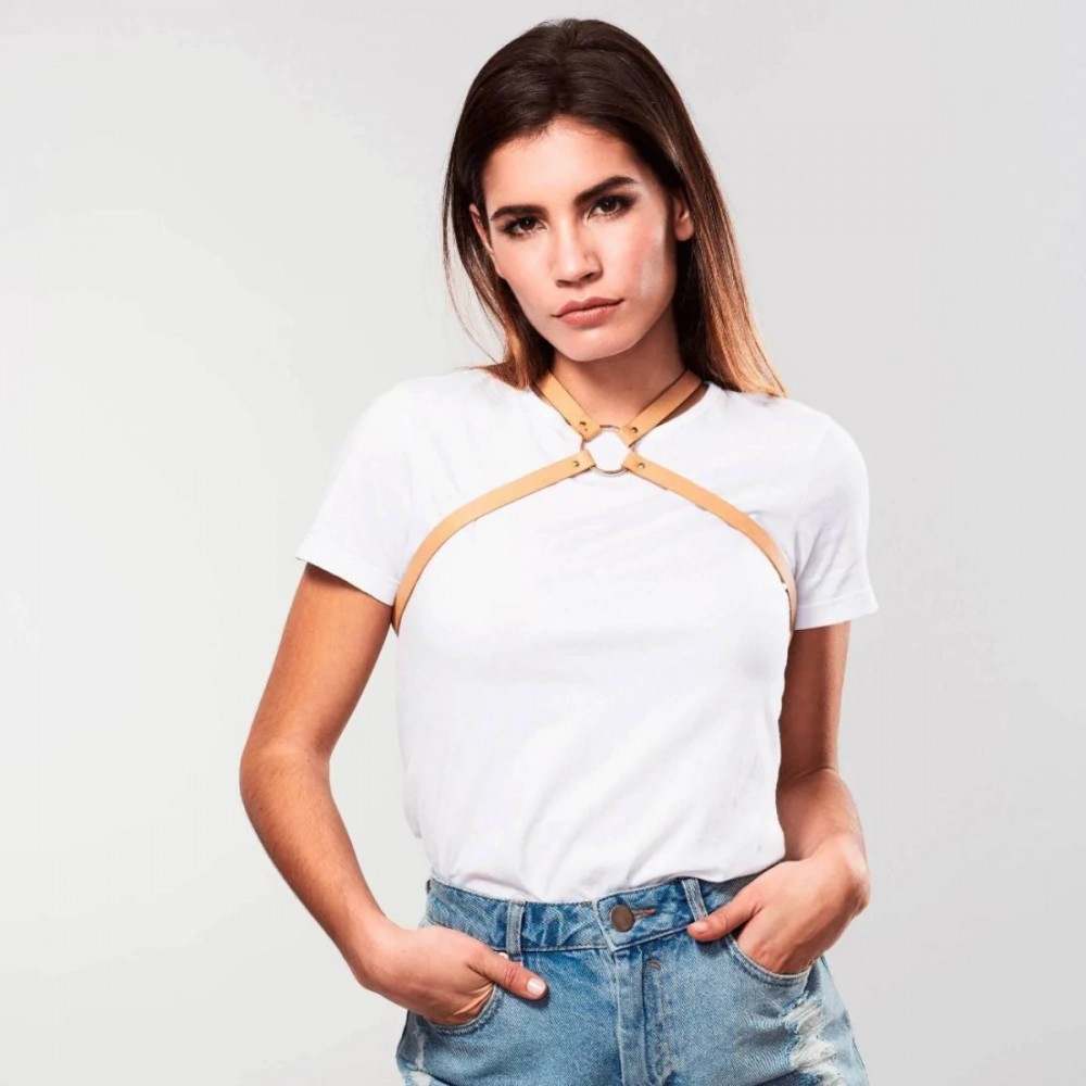 Різне - Портупея з екошкіри Bijoux Indiscrets MAZE – Cross Cleavage, бежева