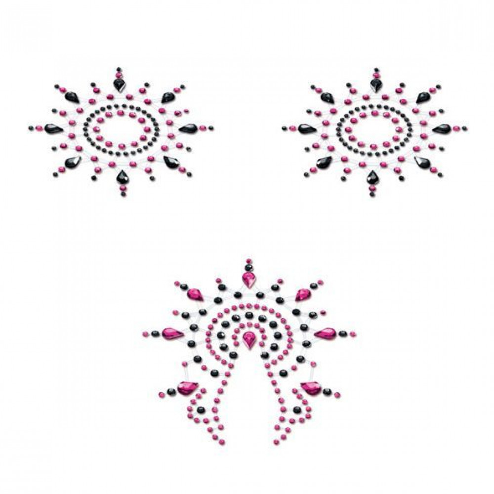 Интимные украшения - Пэстис из кристаллов Petits Joujoux Gloria set of 3 - Black/Pink, украшение на грудь и вульву