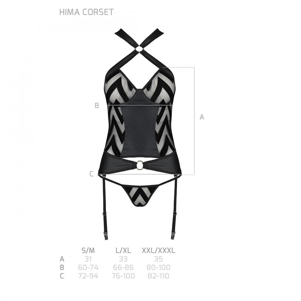 Эротические корсеты - Сетчатый комплект с узором Hima Corset black L/XL - Passion, корсет с халтером, подвязки, трусики 1