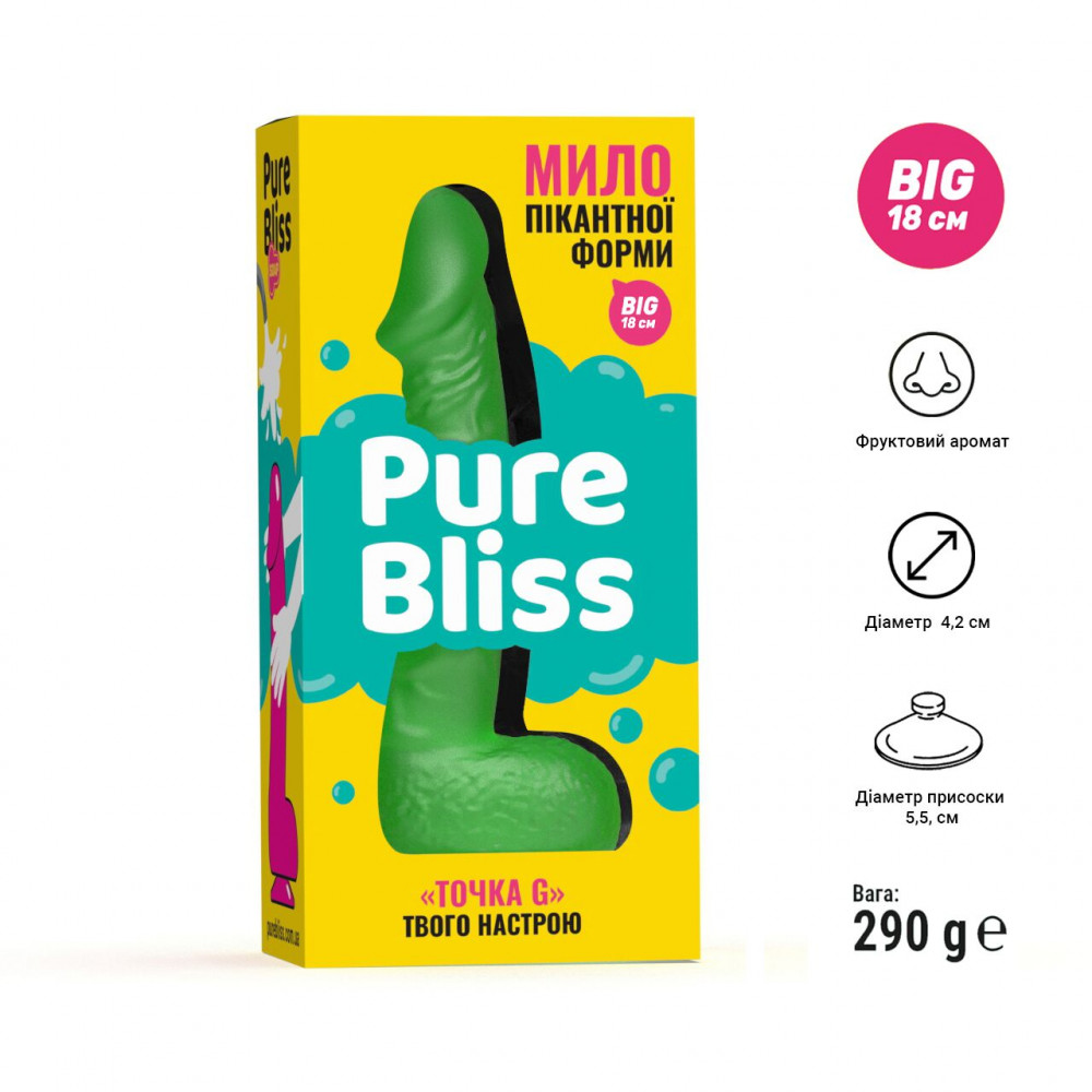 Секс приколы, Секс-игры, Подарки, Интимные украшения - Крафтовое мыло-член с присоской Pure Bliss BIG Green, натуральное 3