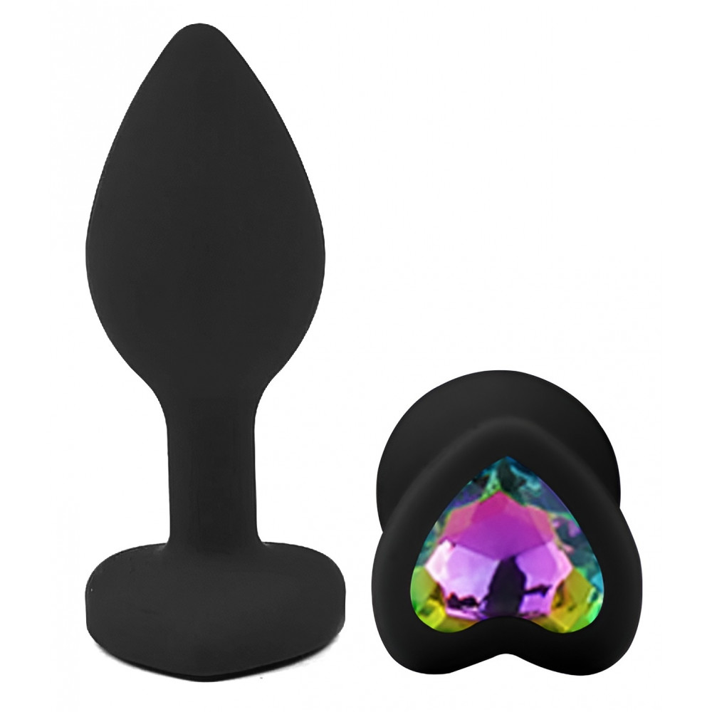 Разное - Силиконовая анальная пробка EGZO - Silicone Black Heart Plug Rainbow, size S 1